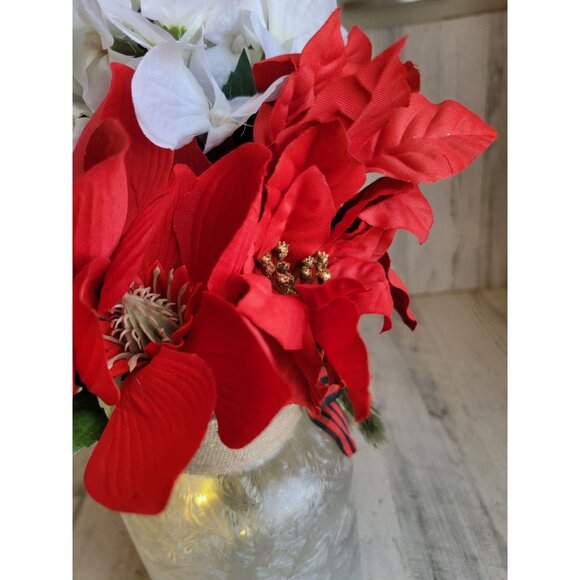 Faux flowers red white 'tis the season glass vase light up Xmas tabletop decor - Picture 12 of 13